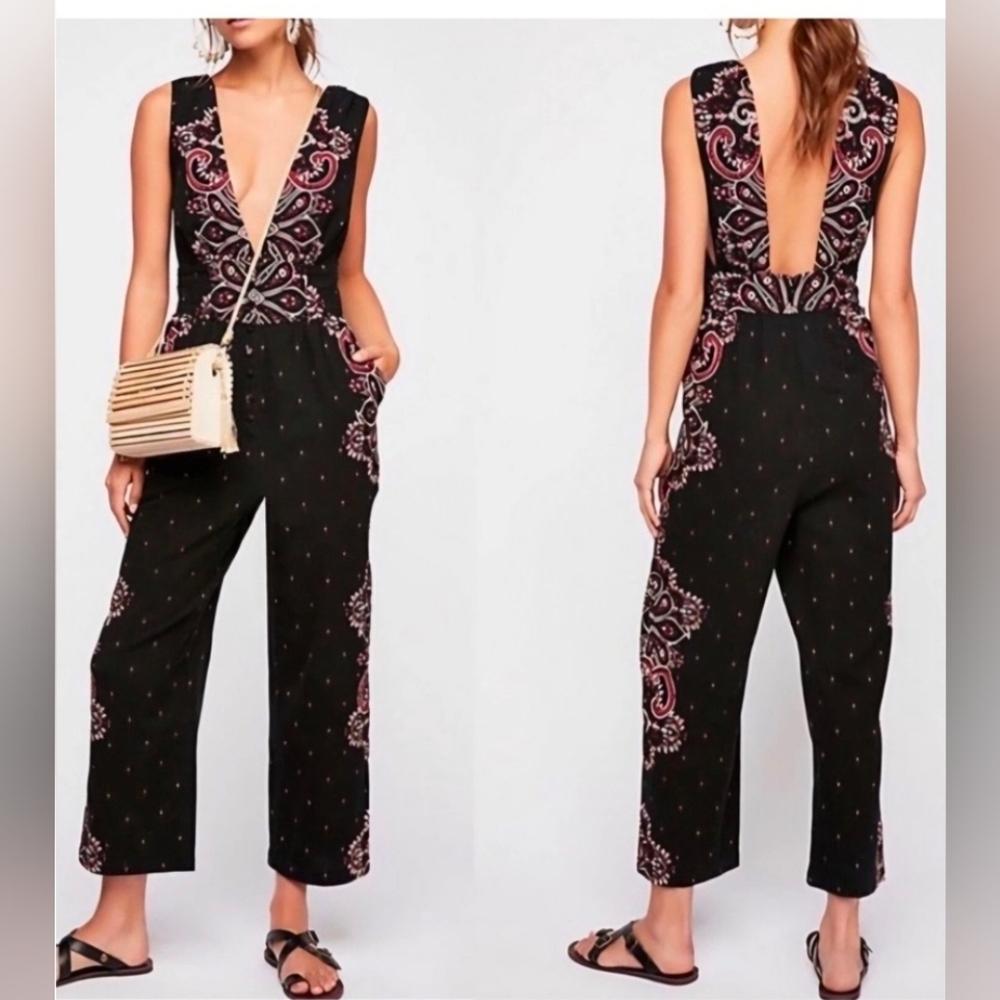 FREE PEOPLE Paisley Boho Plunge Neck Button Front Relaxed Cropped Leg Jumpsuit